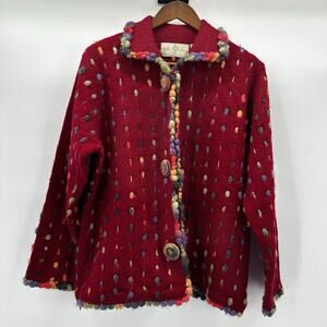 Design Options Cardigan Sweater‎ Womens Large Red Multicolor Art Button Wool